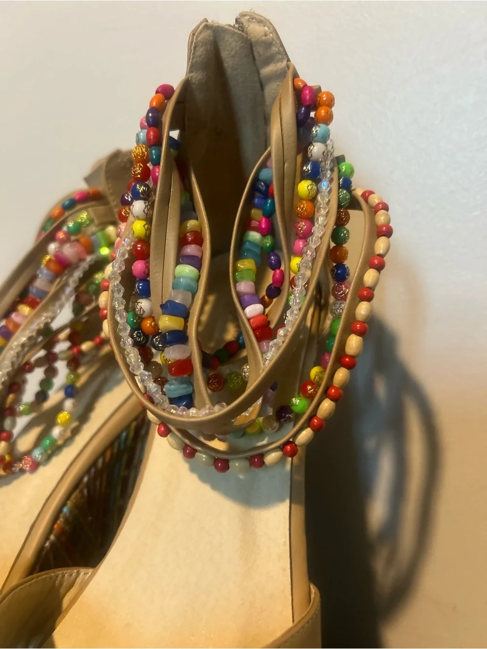 Getmorebeauty Women’s Tan Wedge Sandals with Multicolor Beaded Straps
